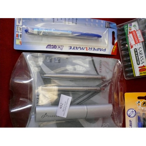 216 - NEW PACKS OF PENS PARKER, PAPERMATE ETC