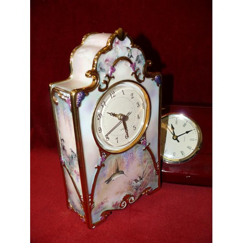 134 - GARDEN WHISPERS HEIRLOOM PORCELAIN CLOCK BY LARRY MARTIN, BRADFORD EXCHANGE PLUS A BLACK AND SILVER ... 