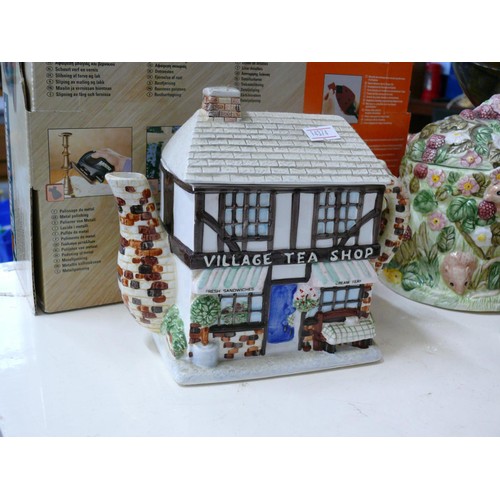 225 - 6 NOVELTY CERAMIC TEAPOTS FROM 'THE VILLAGE COLLECTION' BY ANNIE ROWE WINE MERCHANT, GREENGROCERS, F... 