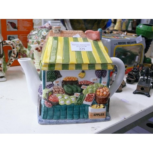 225 - 6 NOVELTY CERAMIC TEAPOTS FROM 'THE VILLAGE COLLECTION' BY ANNIE ROWE WINE MERCHANT, GREENGROCERS, F... 