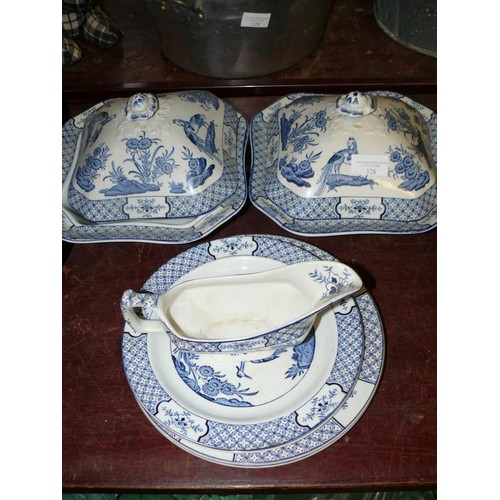 326 - 2 BLUE AND WHITE TUREENS PLUS PLATES AND GRAVY BOAT BY WOOD & SONS 'YUAN'