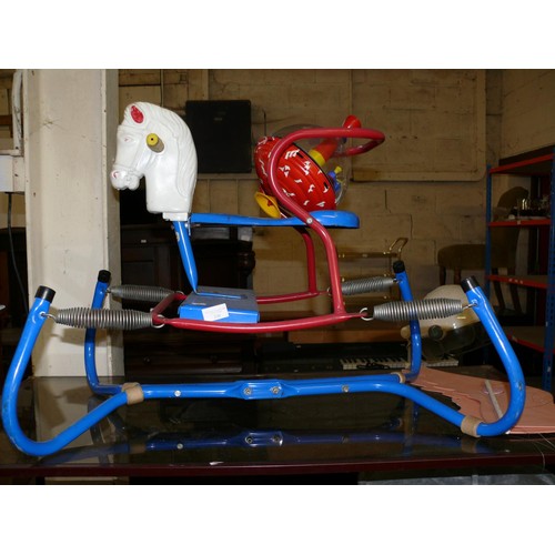 330 - RETRO TRI-ANG METAL FRAMED ROCKING HORSE IN BLUE AND RED WITH SPINNING TOP