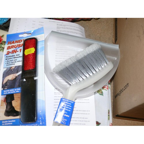 187 - BOX OF NEW PACKAGED HOUSEHOLD ITEMS - STATIONERY, DUSTPAN & BRUSH CLEANING CLOTHS ETC