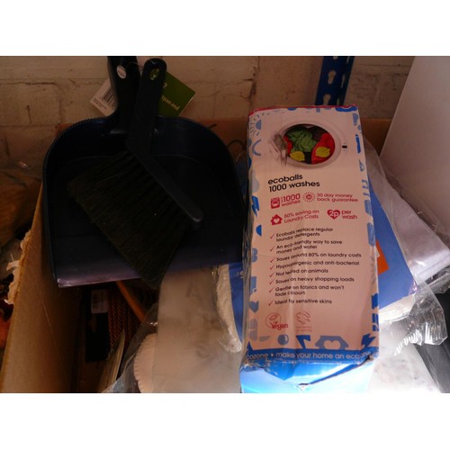 187 - BOX OF NEW PACKAGED HOUSEHOLD ITEMS - STATIONERY, DUSTPAN & BRUSH CLEANING CLOTHS ETC