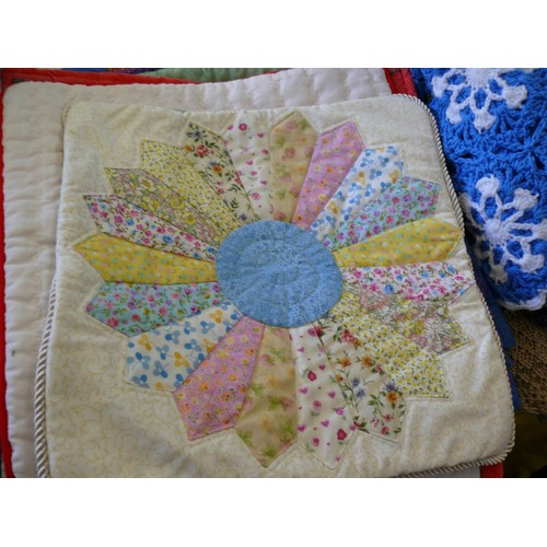 240 - 2 SMALL PATCHWORK SAMPLES, ONE DOUBLE SIDED WITH FLOWERS AND BUTTERFLIES AND SEVERAL CUSHION COVERS