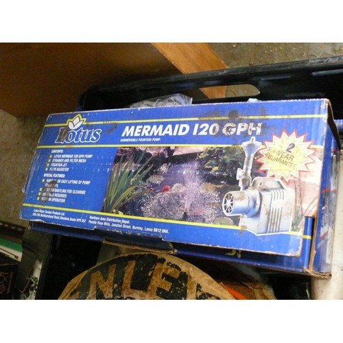 262 - ELECTRIC EXTESION LEAD REEL, LOTUS MERMAID 120 GPH POND PUMP PLUS A QUANTITY OF CLEANING PRODUCTS (C... 