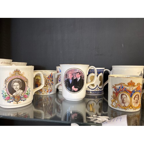 277A - SHELF OF MUGS, MANY COMMEMORATIVE