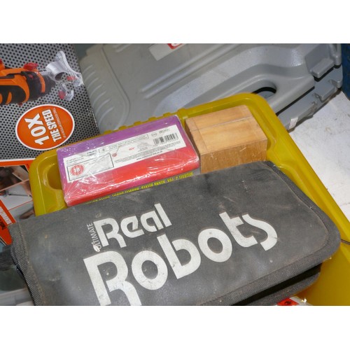 438 - REAL ROBOTS SOLDERING KIT, GAS CYLINDER AND REGULATOR, 2 CAMPING GAS CYCLINDERS, COLLECTION OF WOODW... 