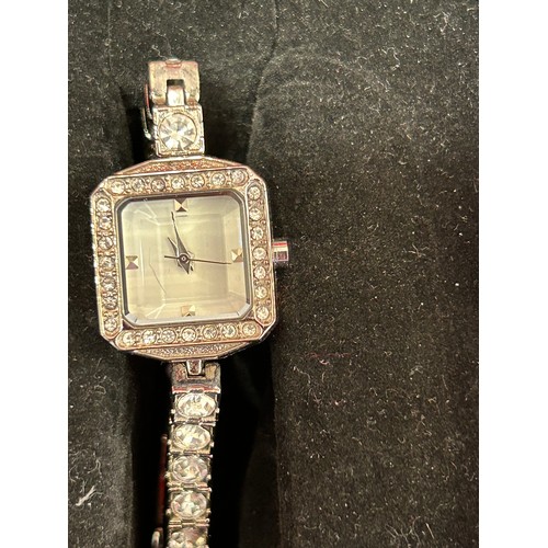 46 - A MARKS & SPENCER LADIES WRISTWATCH WITH DIAMANTE BRACELET - WITH PAPERWORK AND ORIGINAL BOX