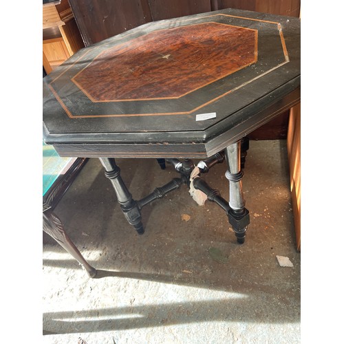 416 - VINTAGE WOODEN OCTAGANAL TABLE WITH INLAID TOP