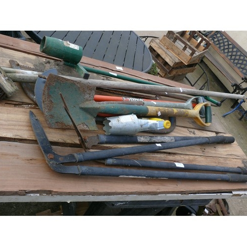 303C - SELECTION OF GARDEN TOOLS INCLUDING BULB PLANTERS, EDGING SHEARS, SPADES & BOW SAWS