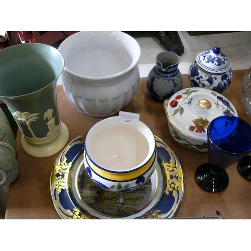 447 - COLLECTION OF CHINA AD GLASSWARE TO INCLUDE ROYAL WORCESTER EVESHAM TUREEN, BLUE AND WHITE GINGER JA... 