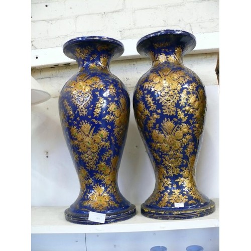 101 - PAIR OF TALL PAPER MACHE VASES IN NAVY AND GOLD, HANPAINTED, PROBABLY INDIAN MEASURE 45CM HIGH