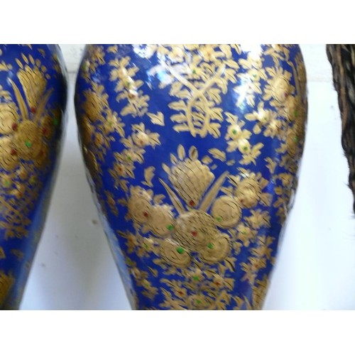 101 - PAIR OF TALL PAPER MACHE VASES IN NAVY AND GOLD, HANPAINTED, PROBABLY INDIAN MEASURE 45CM HIGH