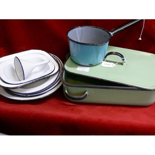109 - ENAMEL WARES - GREEN CASSEROLE LIDDED DISH, BLUE SMALL SAUCEPAN AND  SEVERAL WHITE DISHES EDGED IN B... 