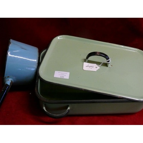 109 - ENAMEL WARES - GREEN CASSEROLE LIDDED DISH, BLUE SMALL SAUCEPAN AND  SEVERAL WHITE DISHES EDGED IN B... 