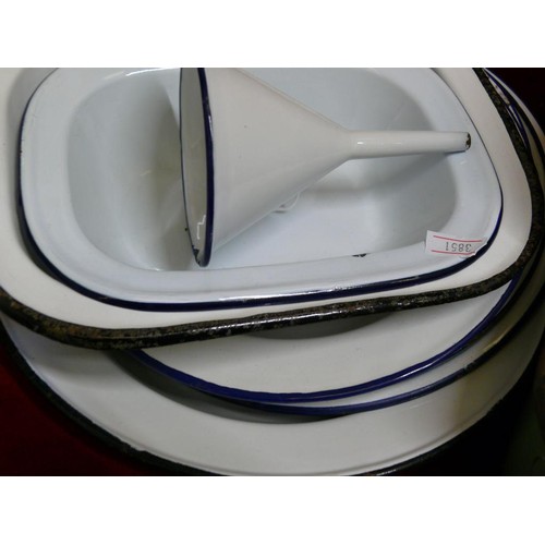 109 - ENAMEL WARES - GREEN CASSEROLE LIDDED DISH, BLUE SMALL SAUCEPAN AND  SEVERAL WHITE DISHES EDGED IN B... 