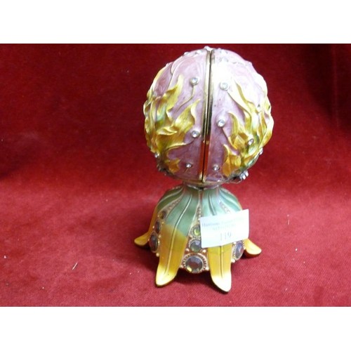 119 - VINTAGE RUE MOLIERE ILDED ENAMEL JEWEL EGG MUIC BOX OPENS TO A TURNING FLOWER BASKET