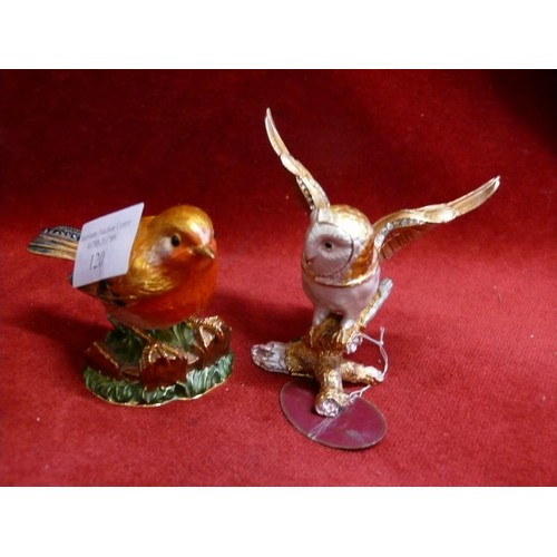 120 - OWL ENAMEL TRINKET POT AND A METAL ROBIN WITH TINY GEM DETAIL