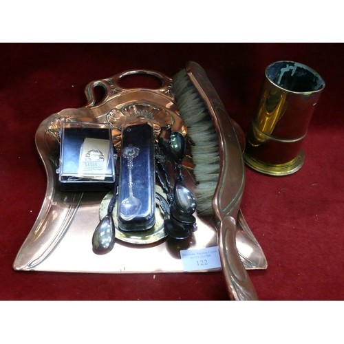 122 - COPPER CRUMB PAN AND BRUSH, ROYAL AIRFORCE PEN KNIFE, COMMEMORATIVE SPOONS AND A BRASS PIN DISH