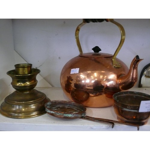 107 - COPPER COATED KETTLE, BRASS CANDLESTICK AND 2 COPPER PIECES