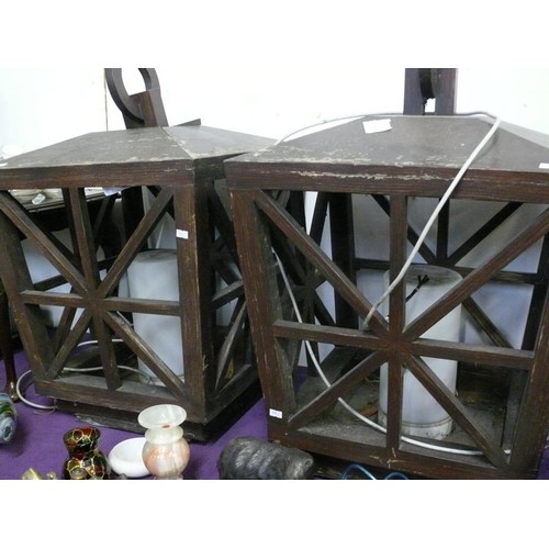 139 - PAIR OF STUNNING HUGE WOODEN LANTERNS FOR OUTDOOR USE WITH ELECTRIC CABLING, APPROX 32