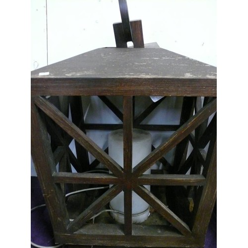 139 - PAIR OF STUNNING HUGE WOODEN LANTERNS FOR OUTDOOR USE WITH ELECTRIC CABLING, APPROX 32
