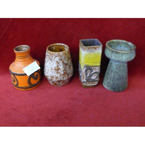 147 - 4 X SMALL WEST GERMAN STUDIO POTS, EACH APPROX 4.5