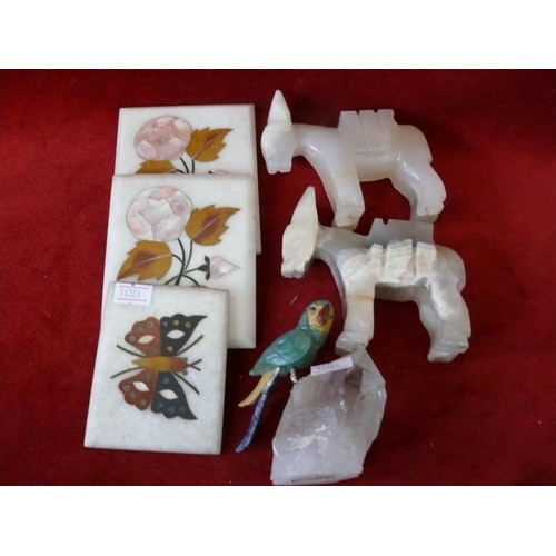 152 - PAIR OF WHITE ONYX DONKIES, A PARROT ON A ROCK, AND 3 DECORATIVE SOAP STONE TILES WITH MOTHER OF PEA... 