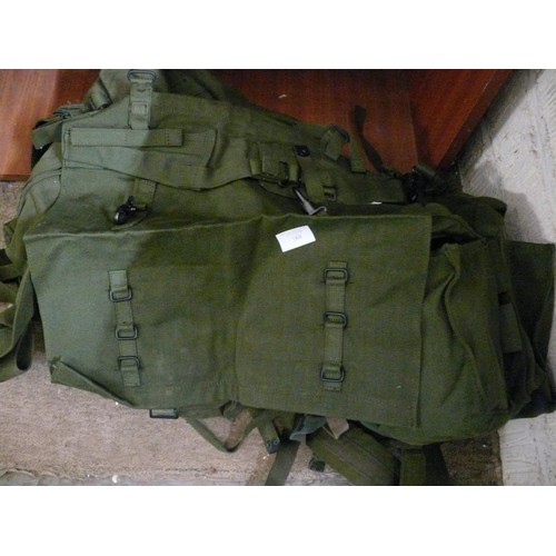 168 - BRITISH ARMY BERGEN RUCK SACK, WEBBING ETC AND ARMY COOKING TINS