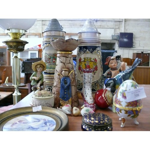 208 - COLLECTION OF DECORATIVE ITEMS LARGE GERMAN MUSICAL STEINS, TRINKET POTS, WEST GERMAN FIGURINES ETC