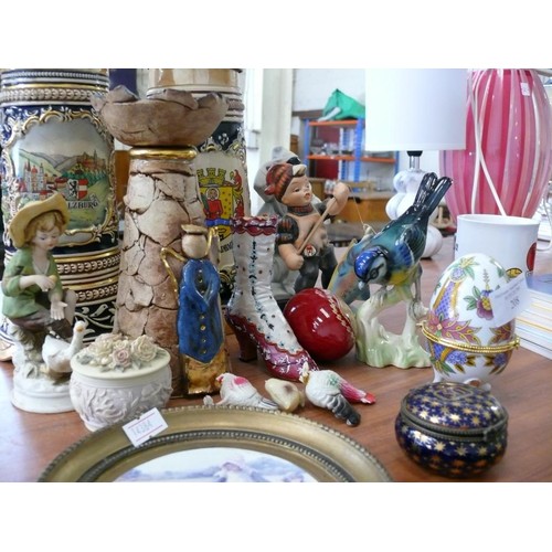 208 - COLLECTION OF DECORATIVE ITEMS LARGE GERMAN MUSICAL STEINS, TRINKET POTS, WEST GERMAN FIGURINES ETC