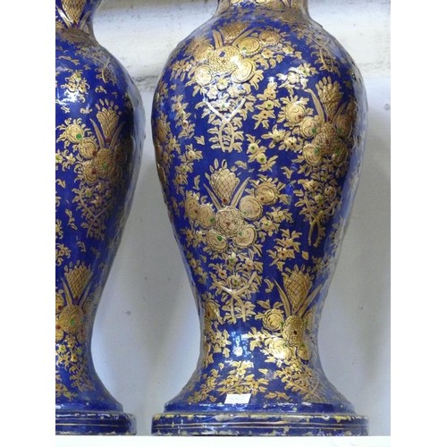 101 - PAIR OF TALL PAPER MACHE VASES IN NAVY AND GOLD, HANPAINTED, PROBABLY INDIAN MEASURE 45CM HIGH