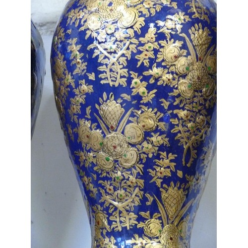 101 - PAIR OF TALL PAPER MACHE VASES IN NAVY AND GOLD, HANPAINTED, PROBABLY INDIAN MEASURE 45CM HIGH