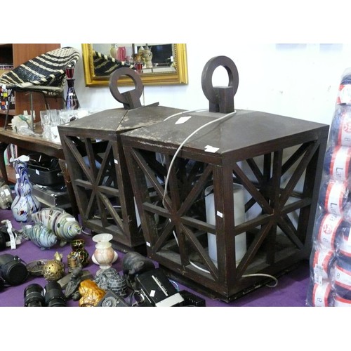 139 - PAIR OF STUNNING HUGE WOODEN LANTERNS FOR OUTDOOR USE WITH ELECTRIC CABLING, APPROX 32