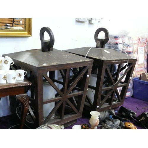 139 - PAIR OF STUNNING HUGE WOODEN LANTERNS FOR OUTDOOR USE WITH ELECTRIC CABLING, APPROX 32