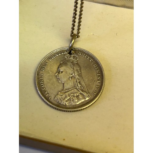 47 - A SILVER 1 SHILLING 1887 ON A SILVER CHAIN 22 INCHES VICTORIA JUBILEE CROWN WEIGHT 9.34