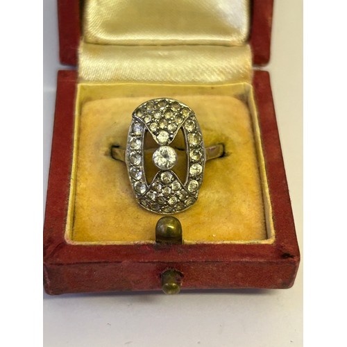 38 - ANTIQUE PLATINIUM AND 9ct GOLD & DIAMONDS CENTRAL DIAMOND 2.8MM .05crt PLUS CLUSTER AROUND SIZE O WE... 