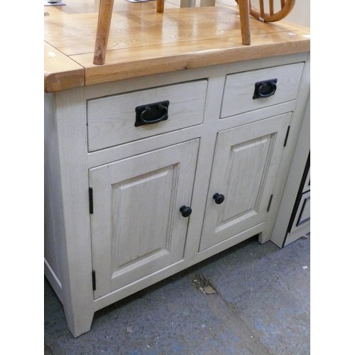 346 - SMALL OAK SIDEBOARD WITH WHITE  BASE