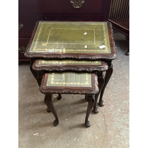 351 - NEST OF 3 TABLES WITH GREEN LEATHER AND GLASS TOPS