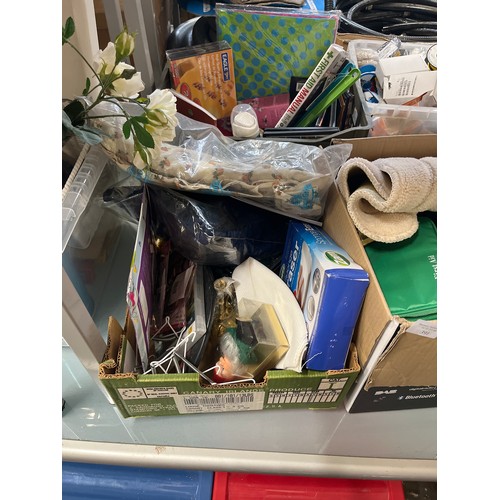 391 - 3 MARVELLOUS MIXED MISCELLANY BOXES WITH A QUAIL CAT FIGURE, HORSESHOE BAROMETER, KNITTED FLOWERS, C... 