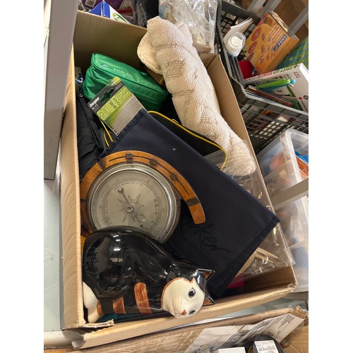 391 - 3 MARVELLOUS MIXED MISCELLANY BOXES WITH A QUAIL CAT FIGURE, HORSESHOE BAROMETER, KNITTED FLOWERS, C... 