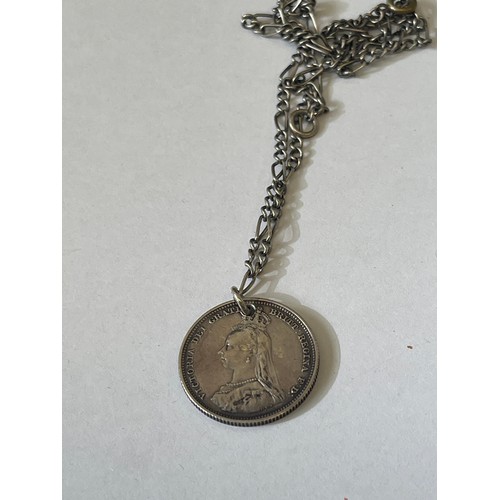 53 - A SOLID SILVER VICTORIAN 1 SHILLING 1887 ON A CHAIN