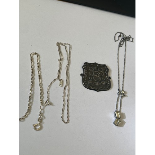 35A - A SMALL COLLECTION OF SILVER PIECES NECKLACE RING PLUS A BADGE FROM  1910`S SOUTH LONDON STREATHAM S... 