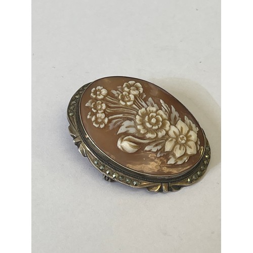 57 - A 800 SILVER SHELL CAMEO BROOCH HAND CARVING OF FLOWERS VERY LOVELY THE FRAME WITH MARCASITE ALL ARO... 