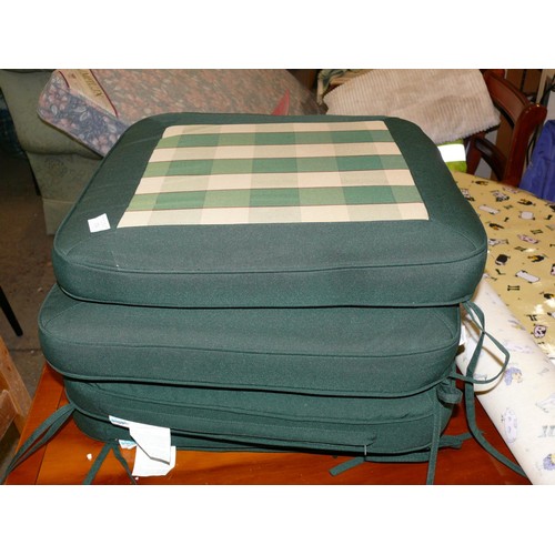 374 - SET OF 4 GREEN AND CHECK SEAT PAD CUSHIONS WITH REMOVABLE COVERS