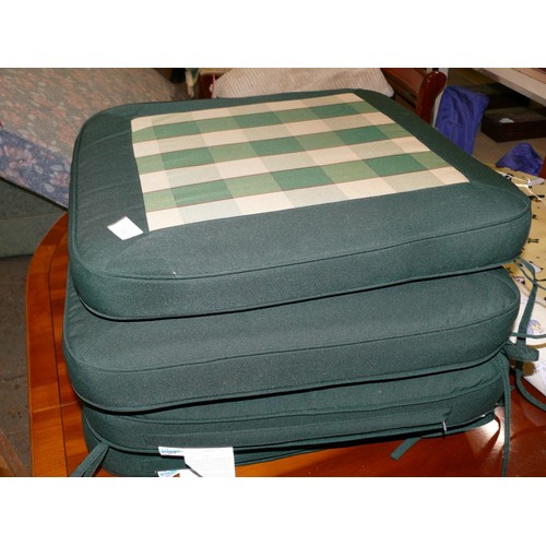 374 - SET OF 4 GREEN AND CHECK SEAT PAD CUSHIONS WITH REMOVABLE COVERS