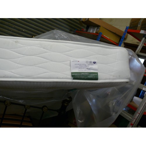 343 - BLACK METAL DOUBLE BED FRAME WITH BLACK AND BRASS ENDS AND MATTRESS