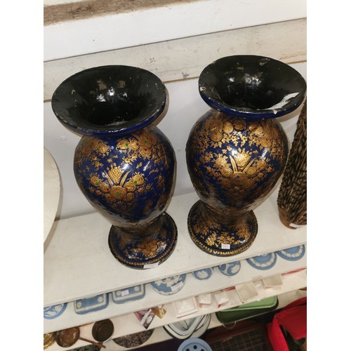 101 - PAIR OF TALL PAPER MACHE VASES IN NAVY AND GOLD, HANPAINTED, PROBABLY INDIAN MEASURE 45CM HIGH