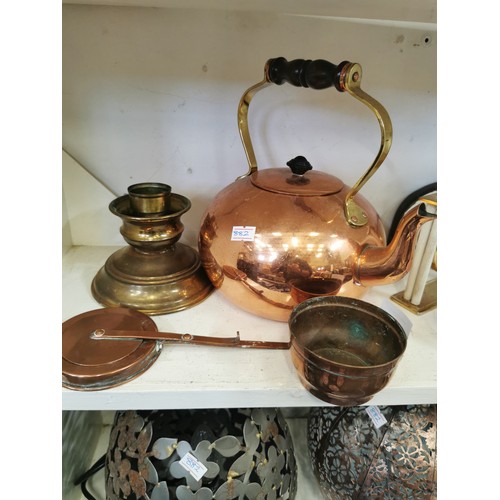 107 - COPPER COATED KETTLE, BRASS CANDLESTICK AND 2 COPPER PIECES